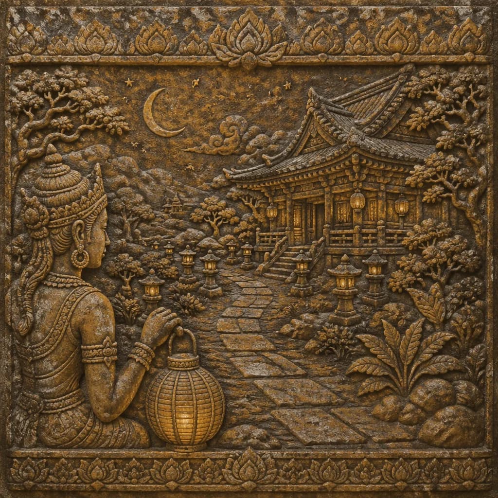 angkor-relief destination card: a carved devata figure in the foreground gazing across a bas-relief panel toward a temple at night