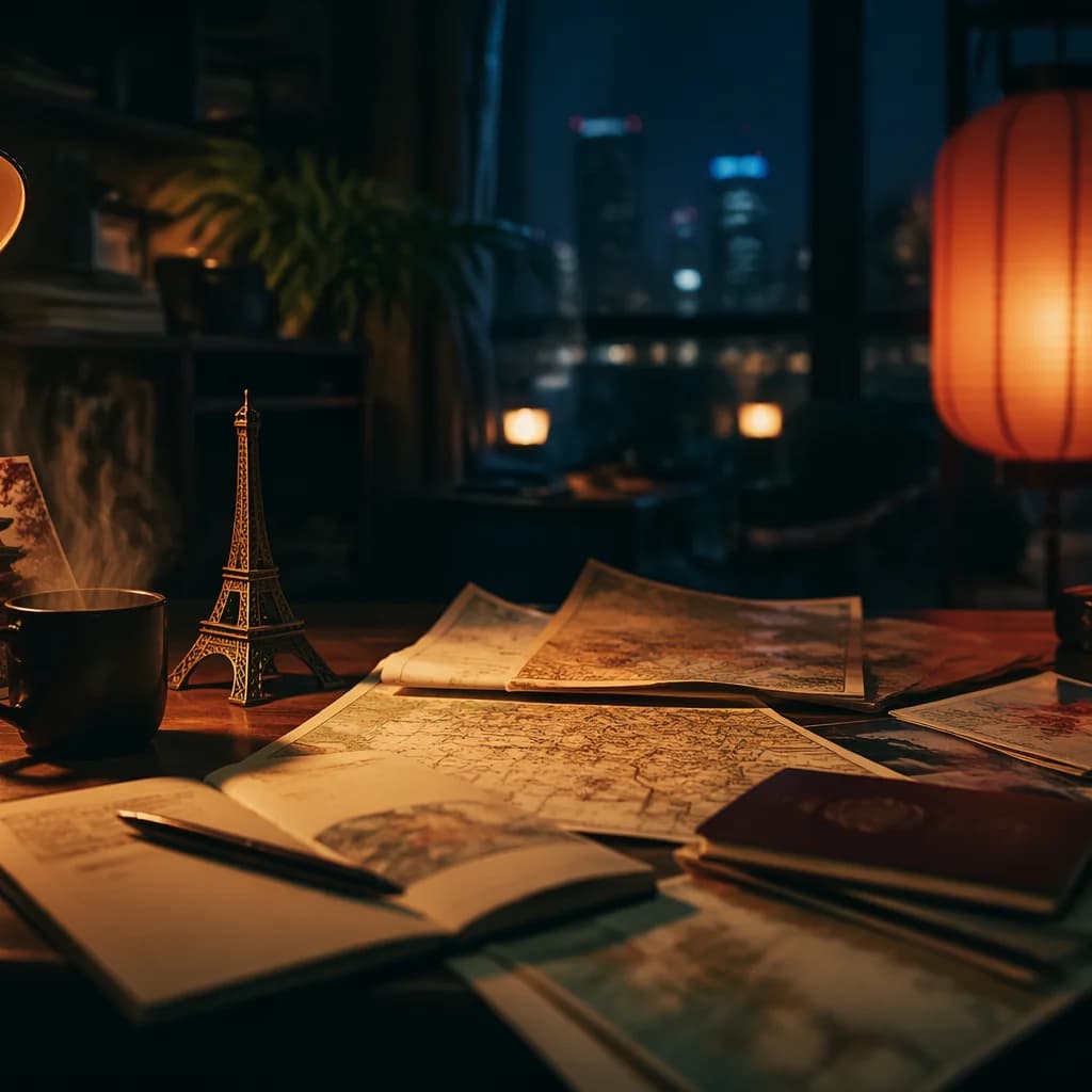 cinematic-wide hero: a staged desk in the foreground, a plant in the middle distance, a city skyline through a window in the background