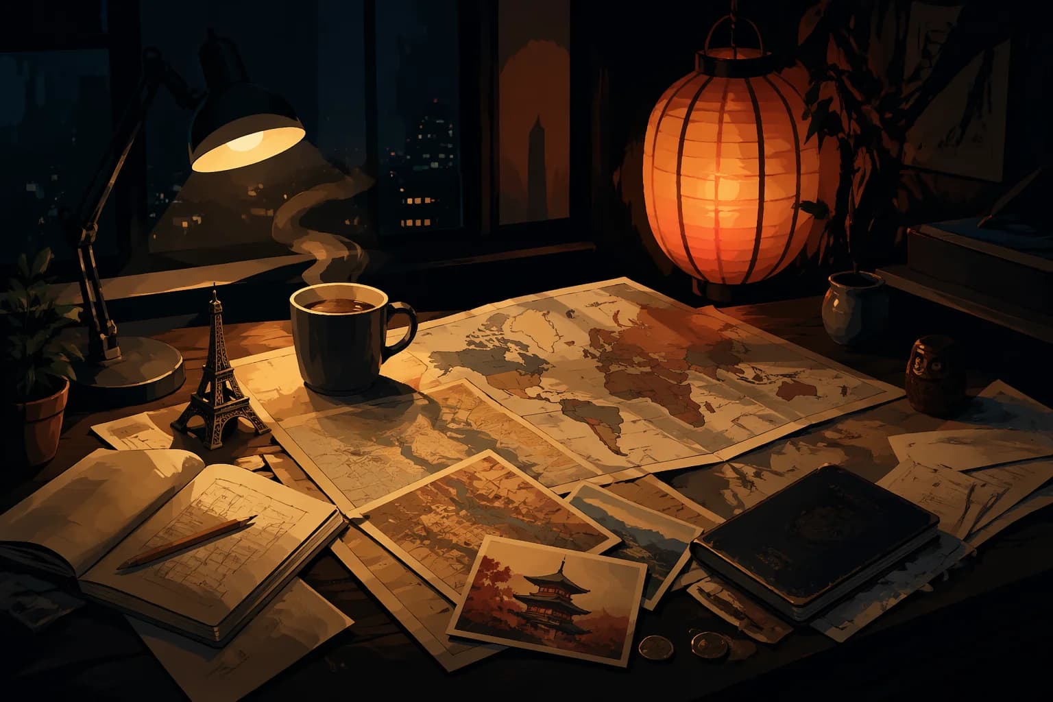 gpt-image-2 cell-shaded hero: editorial illustration of a desk scene with warm lamp light, more painterly than the requested flat-poster cel-shading