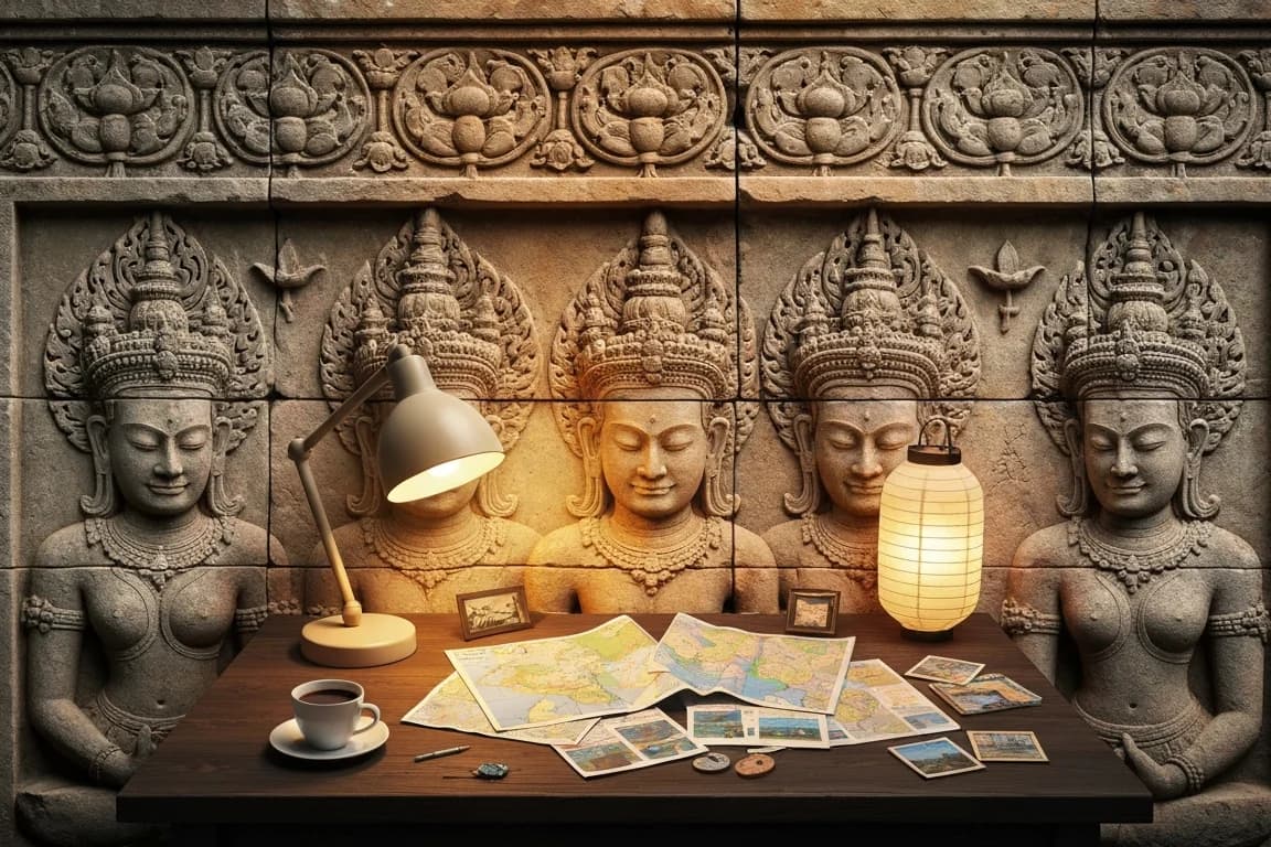 Imagen 4 Fast angkor-relief hero on the v1 prompt: a stone-carved bas-relief wall as background with a real photographic desk, lamp, lantern, and maps in front of it