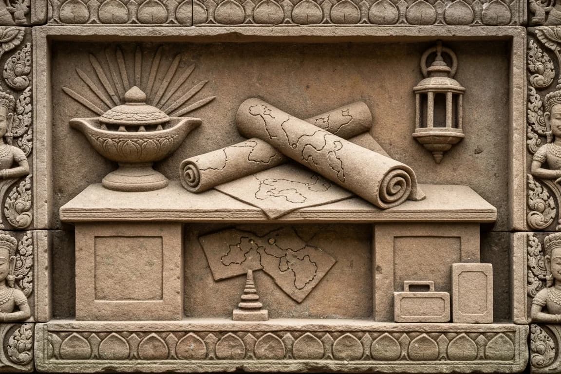 Imagen 4 Fast angkor-relief hero after rewrite: the entire desk and every object carved in sandstone as a unified bas-relief panel