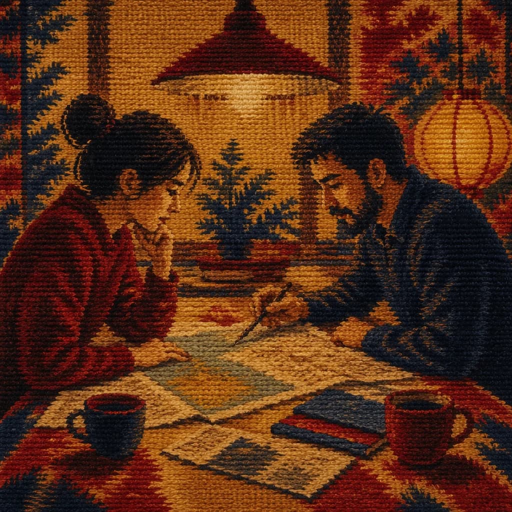 khmer-ikat social card: two figures leaning over maps under a pendant lamp, every element rendered as woven thread including faces and clothing folds