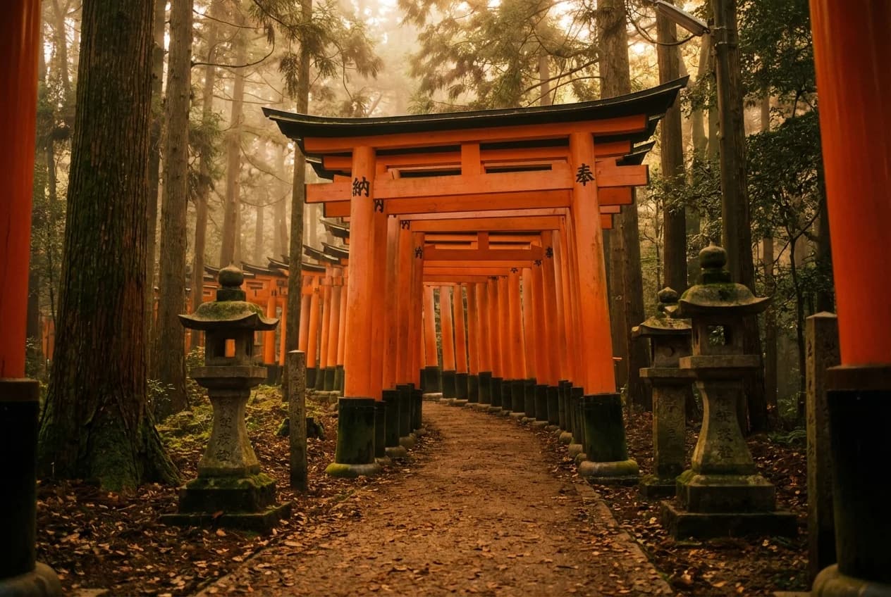 Nano Banana Pro render of Fushimi Inari — editorial mood, loose pillar geometry