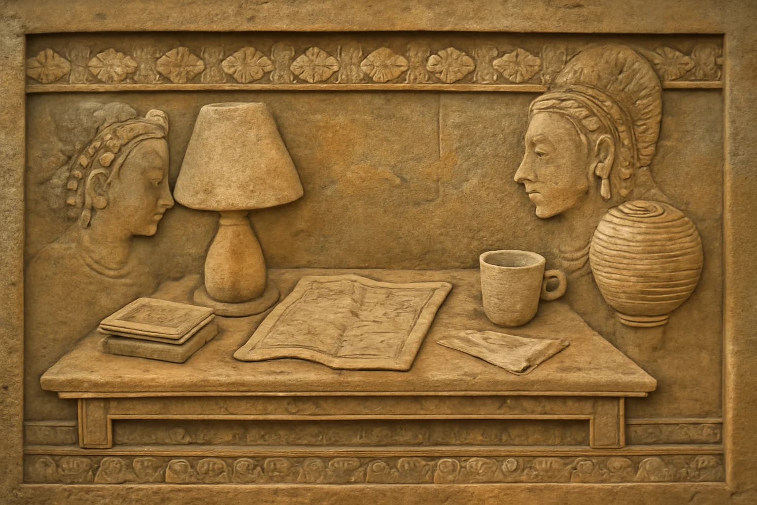 Angkor stone relief: the desk scene rendered as a bas-relief sandstone panel, a figure seated at the desk holding a cup