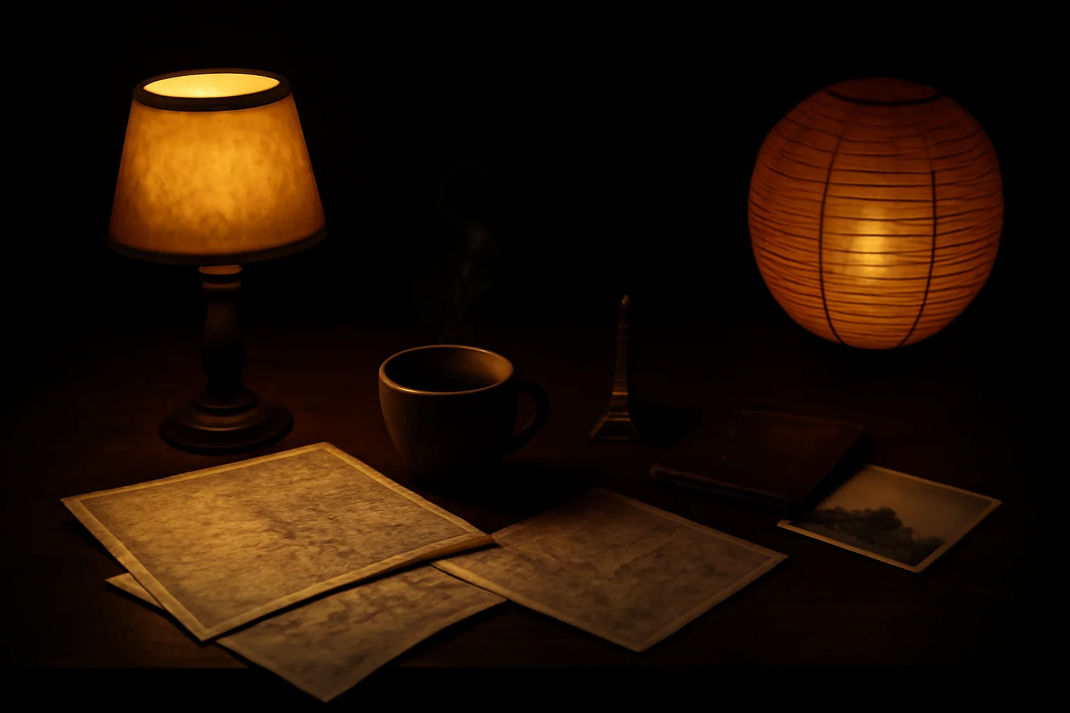 Moody editorial: same desk scene, dramatic single light source, deep shadows