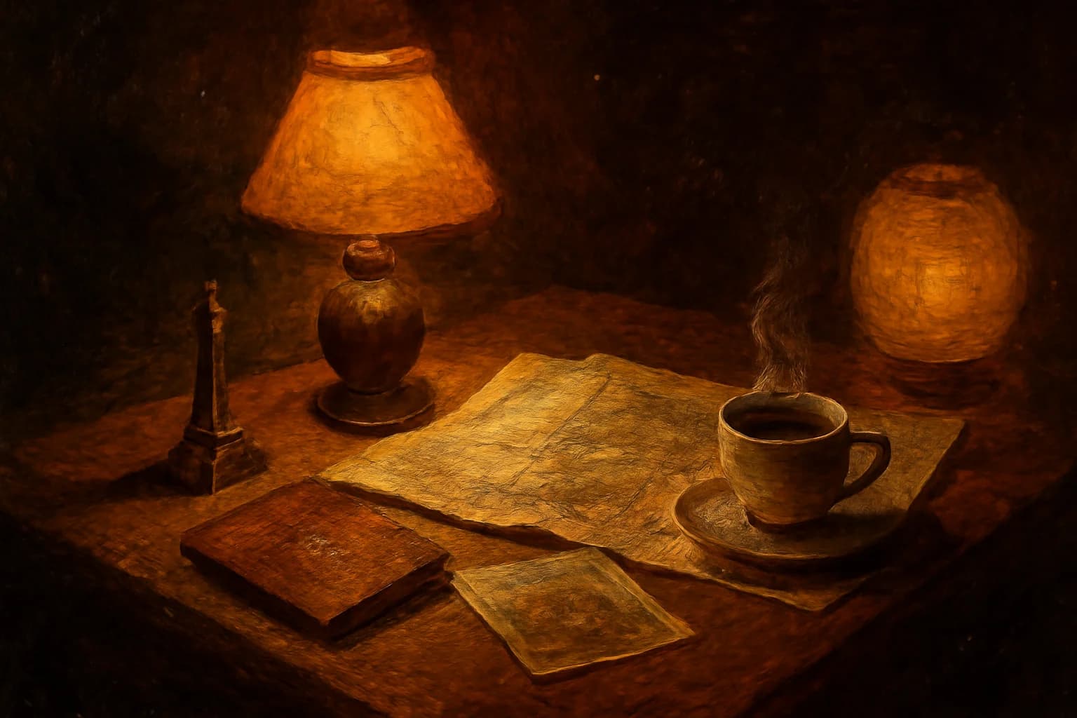 Oil painting hero: the entire desk scene rendered as oil on canvas, impasto ridges visible on the cup rim