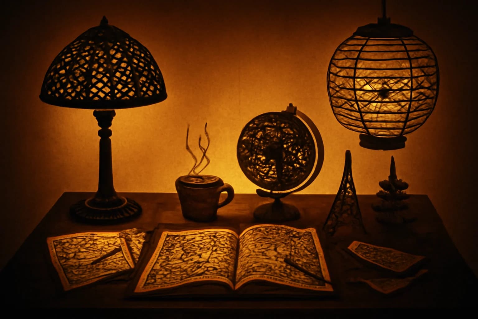 Sbek Thom shadow puppet: the desk scene as a perforated leather silhouette, backlit, a robed figure reaching for the map