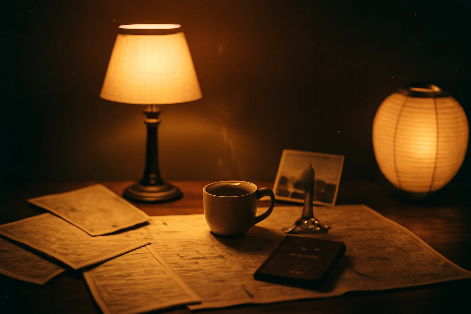 Warm film editorial: espresso desk scene with analog grain and soft vignette