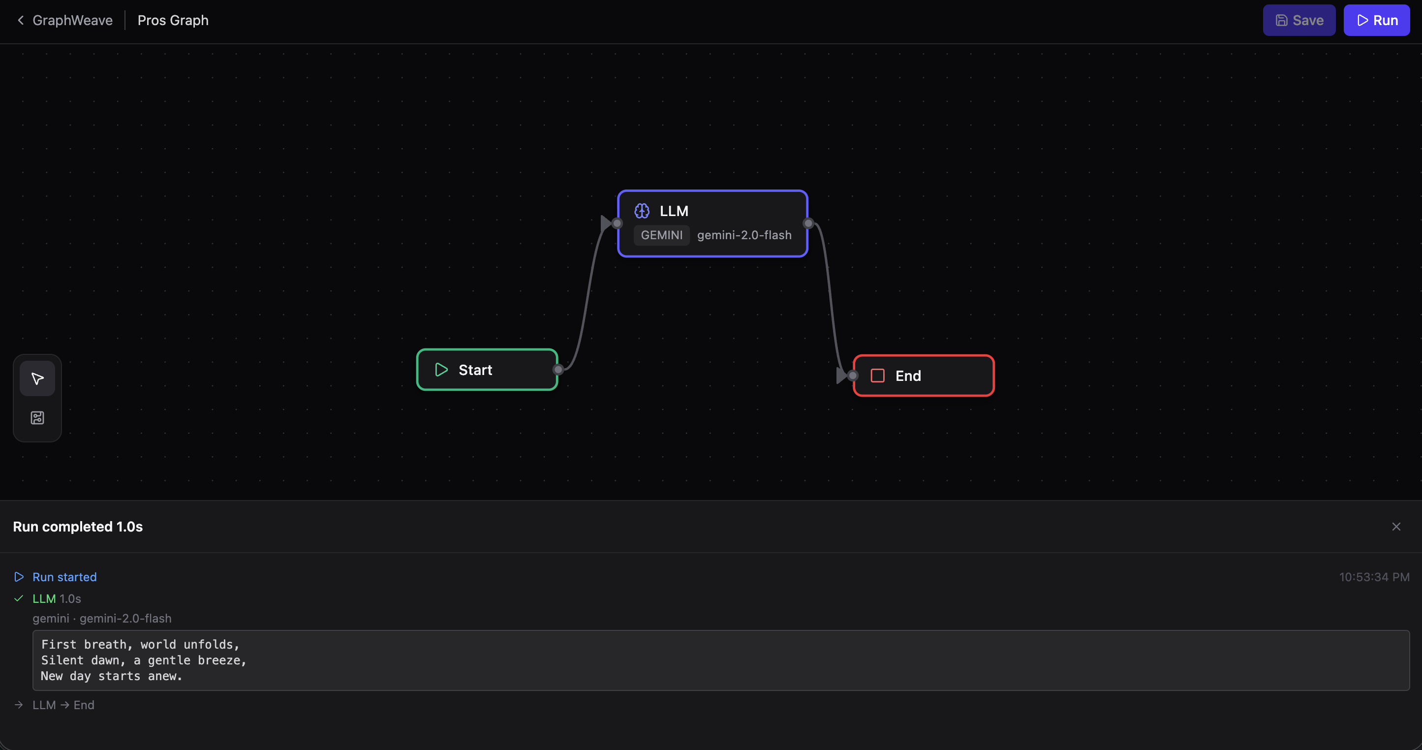 GraphWeave canvas: a visual graph that runs exactly as drawn