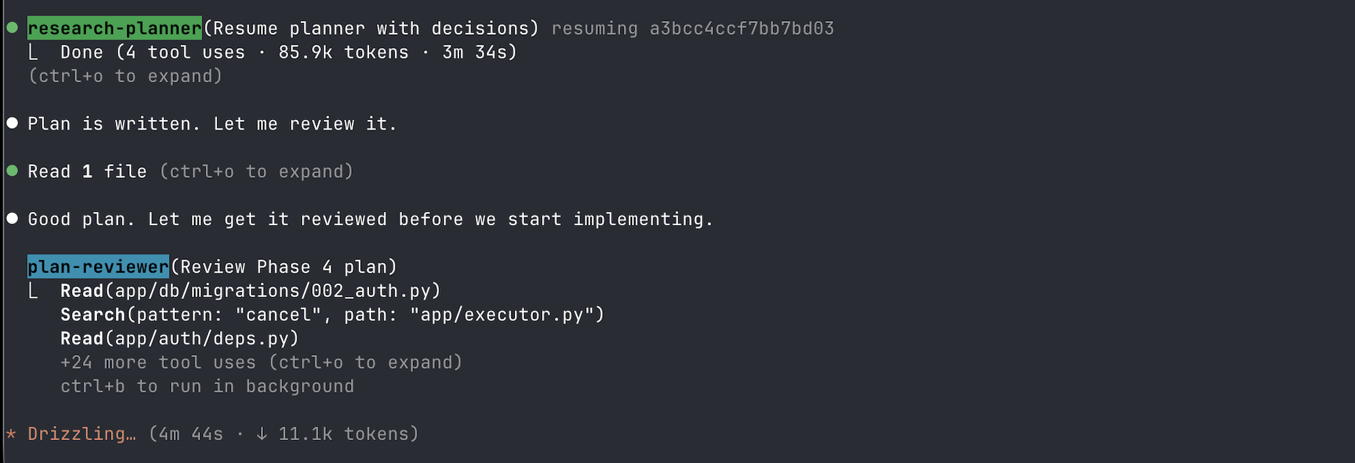 The research-planner hands off to the plan-reviewer in Claude Code